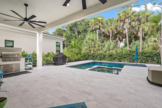 view of swimming pool with area for grilling, a patio area, an in ground hot tub, and ceiling fan