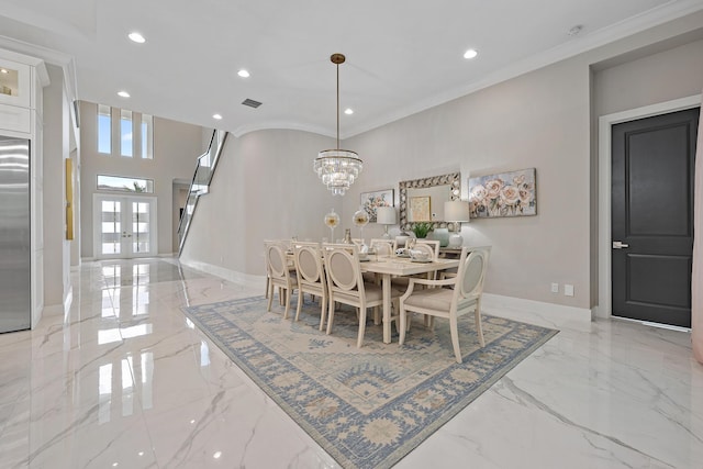 tiled dining room with crown molding and a notable chandelier