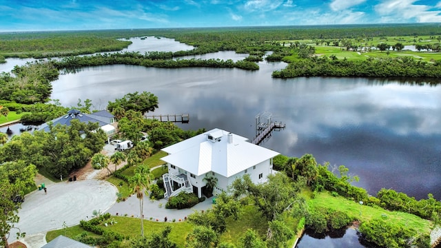 drone / aerial view featuring a water view