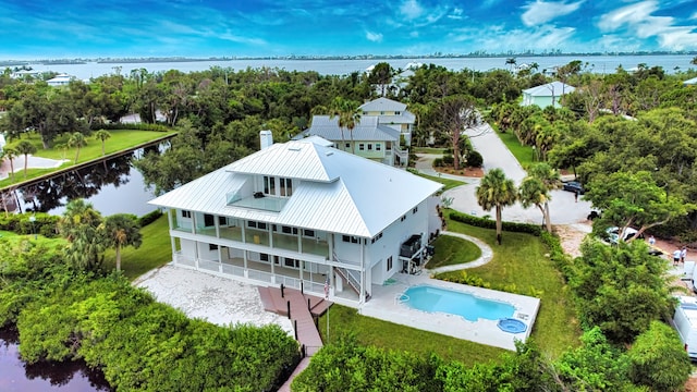 aerial view featuring a water view