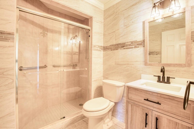 bathroom featuring tile walls, vanity, toilet, and walk in shower