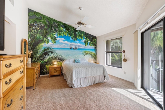 bedroom with ceiling fan, lofted ceiling, light carpet, and access to outside