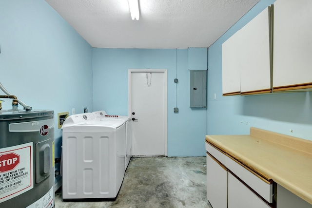 laundry room featuring washer and dryer, electric panel, water heater, a textured ceiling, and cabinets