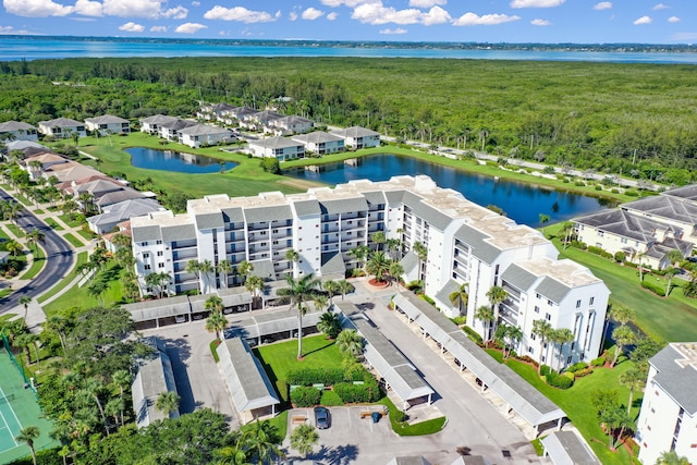 aerial view featuring a water view