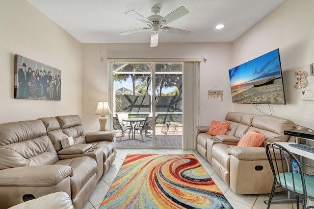 living area featuring light tile patterned flooring, recessed lighting, and a ceiling fan