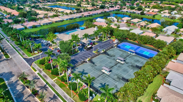 aerial view featuring a residential view and a water view
