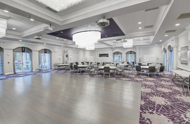 gym featuring visible vents, recessed lighting, crown molding, and wood finished floors