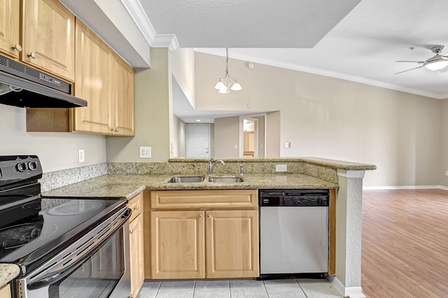 kitchen with under cabinet range hood, a peninsula, a sink, appliances with stainless steel finishes, and light brown cabinetry