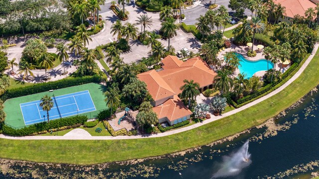 birds eye view of property featuring a water view