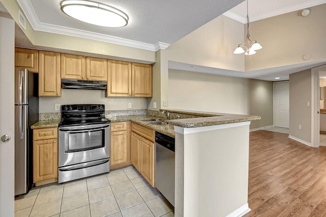 kitchen featuring ornamental molding, appliances with stainless steel finishes, a sink, and under cabinet range hood