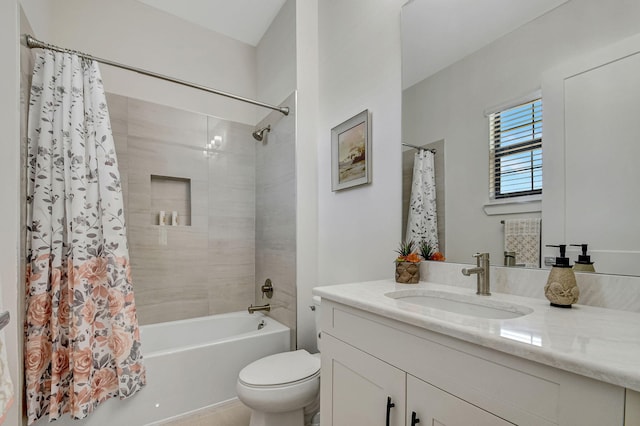 full bathroom with vanity, shower / tub combo with curtain, and toilet