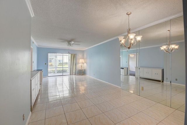 unfurnished room with crown molding, ceiling fan with notable chandelier, light tile patterned floors, and a textured ceiling