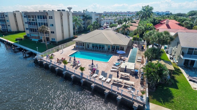 drone / aerial view featuring a water view