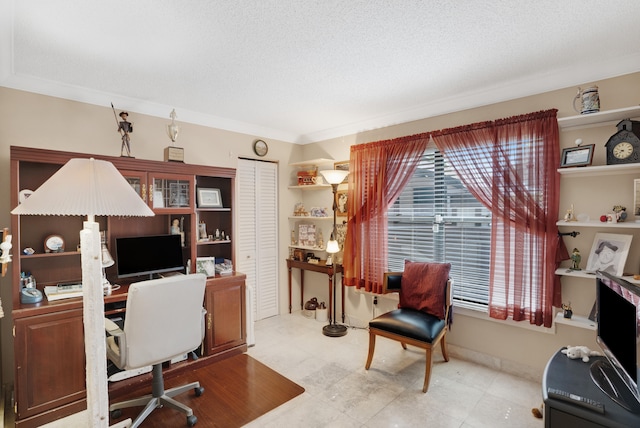 office with crown molding, a textured ceiling, and light tile patterned floors