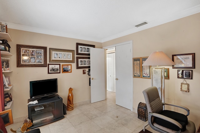 tiled office featuring crown molding