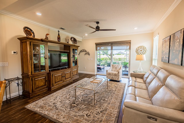 living room featuring ornamental molding, dark hardwood / wood-style flooring, and ceiling fan