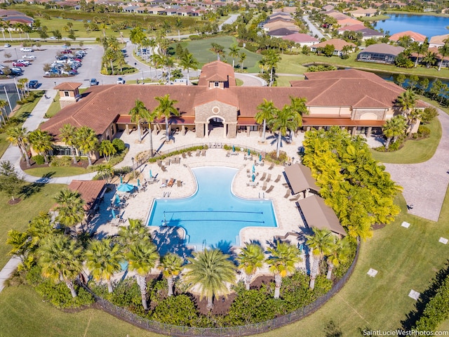 aerial view featuring a water view