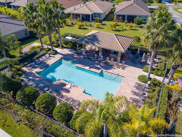 view of swimming pool with a yard, a patio, and a gazebo