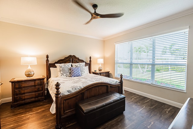 bedroom featuring crown molding, multiple windows, ceiling fan, and dark hardwood / wood-style floors