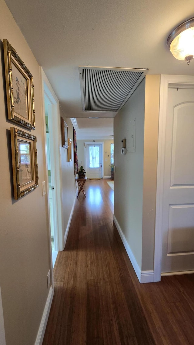 corridor with dark hardwood / wood-style floors