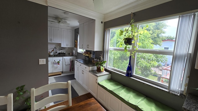 kitchen with white cabinetry, decorative backsplash, sink, ceiling fan, and crown molding