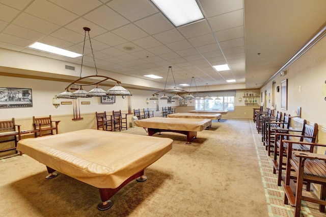 rec room featuring billiards, a paneled ceiling, and carpet