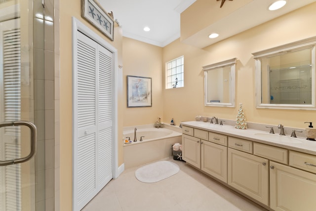 bathroom featuring ornamental molding, vanity, tile patterned floors, and shower with separate bathtub