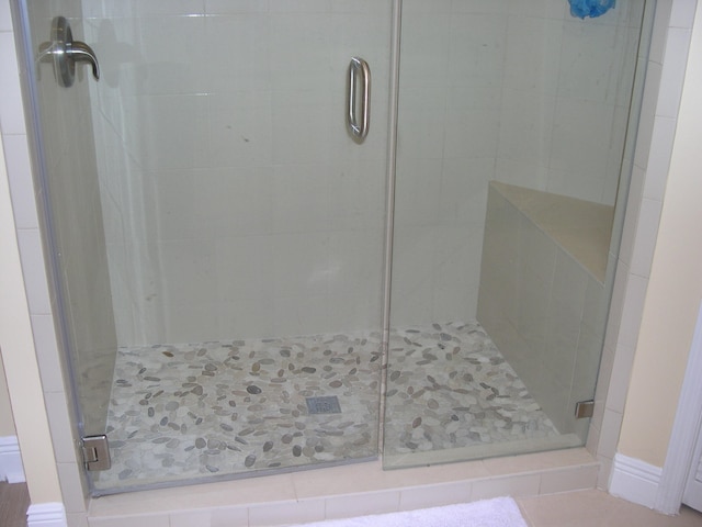 bathroom with tile patterned flooring and a shower with door