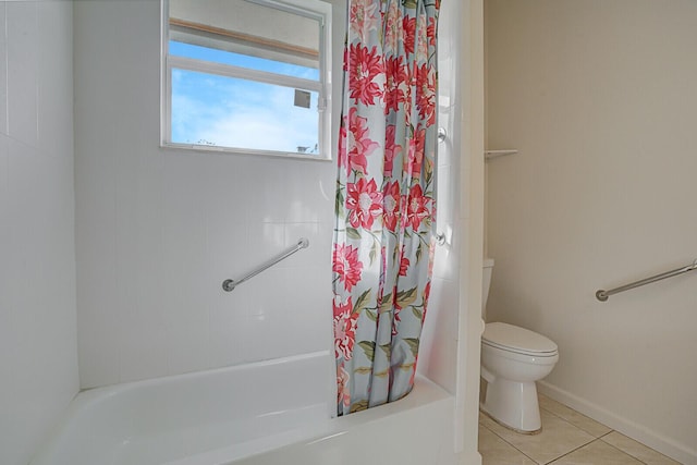 bathroom with toilet, tile patterned flooring, and shower / bath combo with shower curtain