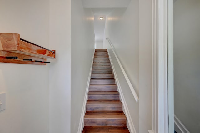 stairs with dark hardwood / wood-style flooring