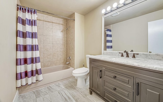 full bathroom featuring toilet, vanity, and shower / bathtub combination with curtain