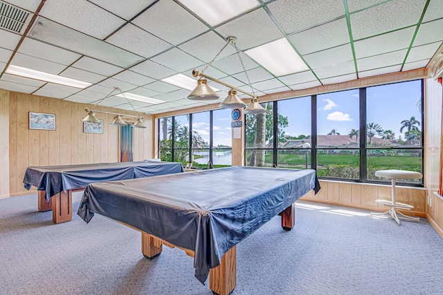 recreation room featuring a paneled ceiling, carpet flooring, and pool table