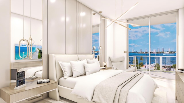 bedroom featuring a water view, expansive windows, and access to outside