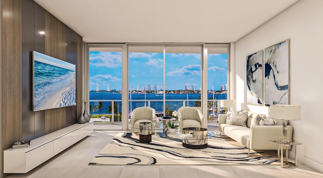 living room featuring wooden walls and expansive windows