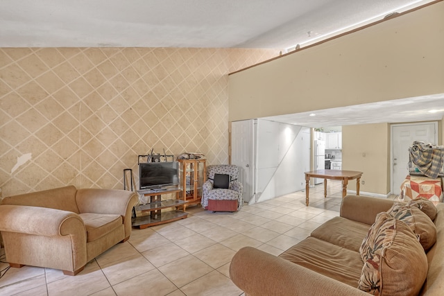 tiled living room with lofted ceiling