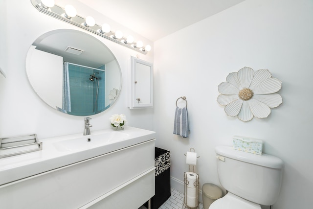 bathroom with walk in shower, vanity, and toilet