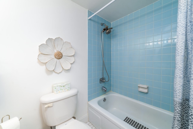 bathroom with toilet and shower / bath combination with curtain