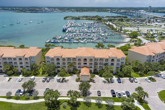 aerial view featuring a water view