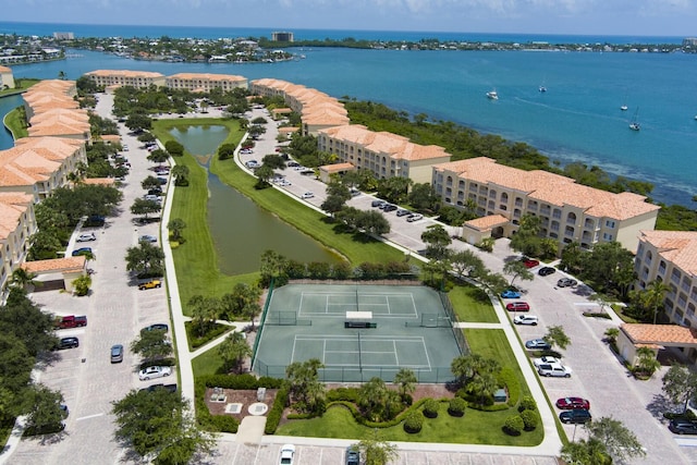 bird's eye view with a water view