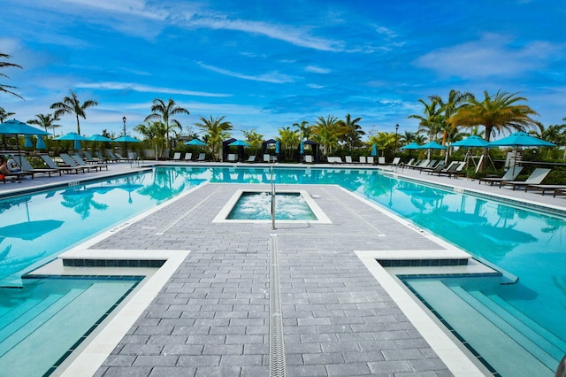 view of pool with a patio and a hot tub