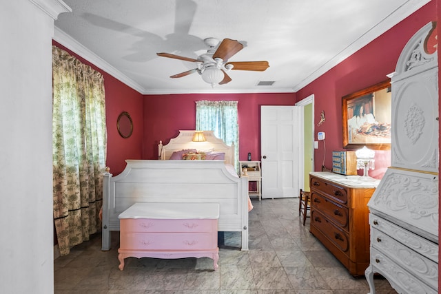 tiled bedroom with ceiling fan and crown molding