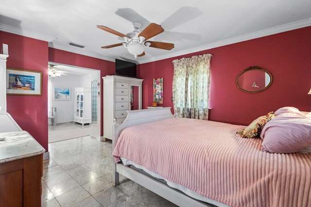 bedroom featuring light tile patterned flooring, crown molding, and ceiling fan