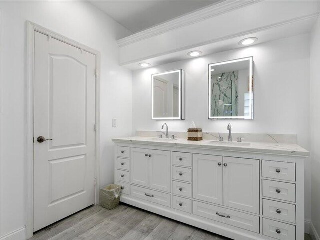 bathroom featuring hardwood / wood-style flooring and double sink vanity