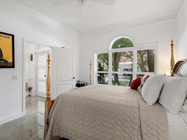 bedroom with crown molding and ceiling fan