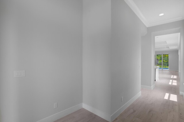 hallway featuring light wood-type flooring and a tray ceiling