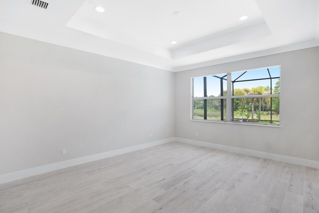 spare room featuring light wood-type flooring and a raised ceiling