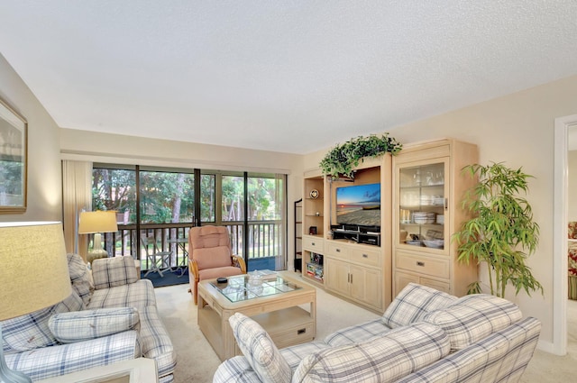 living room with a textured ceiling and light carpet