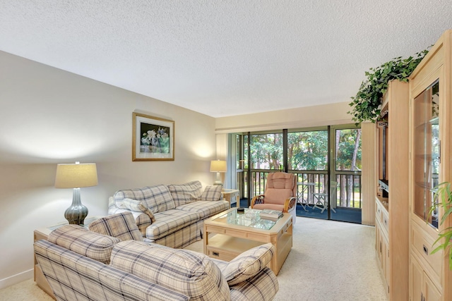 carpeted living room featuring a textured ceiling