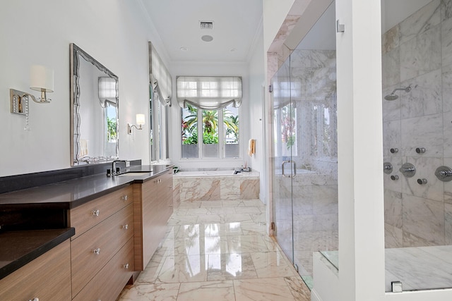 bathroom with vanity, independent shower and bath, ornamental molding, and tile patterned floors