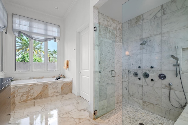 bathroom with independent shower and bath, tile patterned floors, and ornamental molding